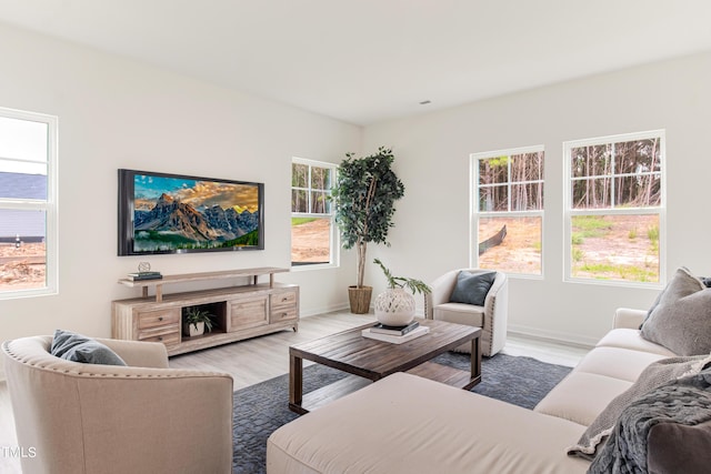 living room featuring a healthy amount of sunlight, baseboards, and wood finished floors