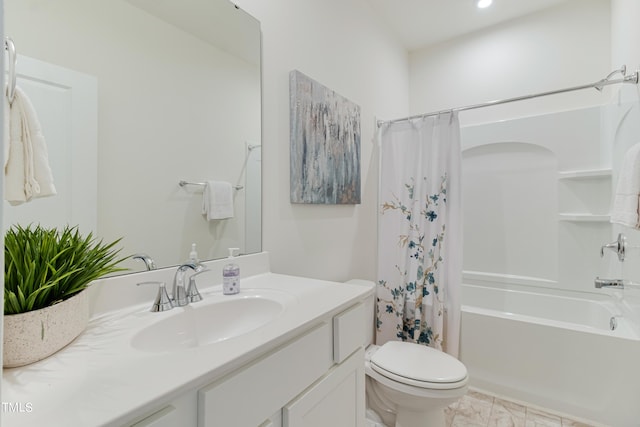 bathroom featuring shower / tub combo, marble finish floor, vanity, and toilet