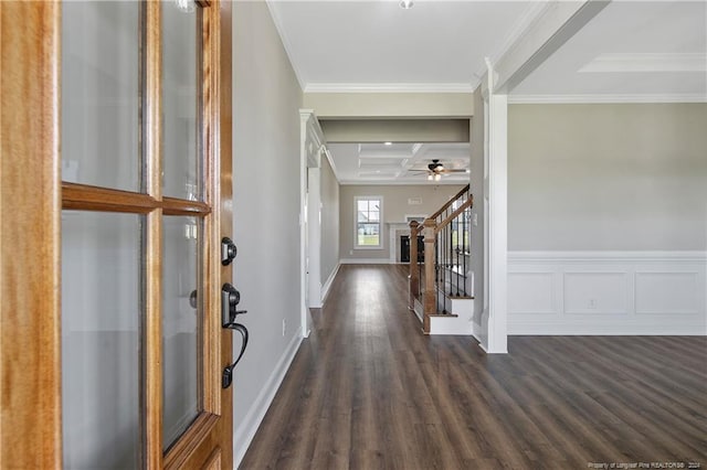 foyer entrance featuring dark hardwood / wood-style flooring, coffered ceiling, ceiling fan, beam ceiling, and ornamental molding