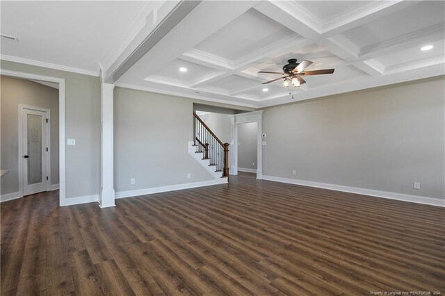 empty room featuring dark hardwood / wood-style flooring, coffered ceiling, ceiling fan, and beamed ceiling