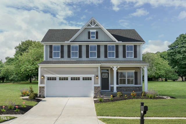 craftsman-style home with a front lawn and a garage