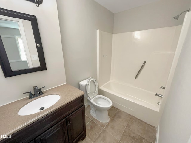 full bathroom with vanity, toilet, bathtub / shower combination, and tile patterned floors