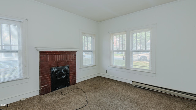 unfurnished living room featuring carpet flooring, a baseboard radiator, a fireplace, and a healthy amount of sunlight