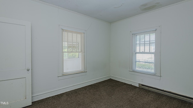 unfurnished room featuring crown molding, a wealth of natural light, a baseboard radiator, and carpet