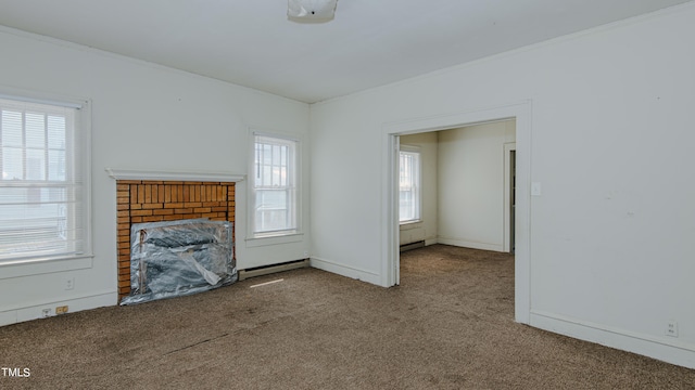 unfurnished living room with light carpet, ornamental molding, and a brick fireplace