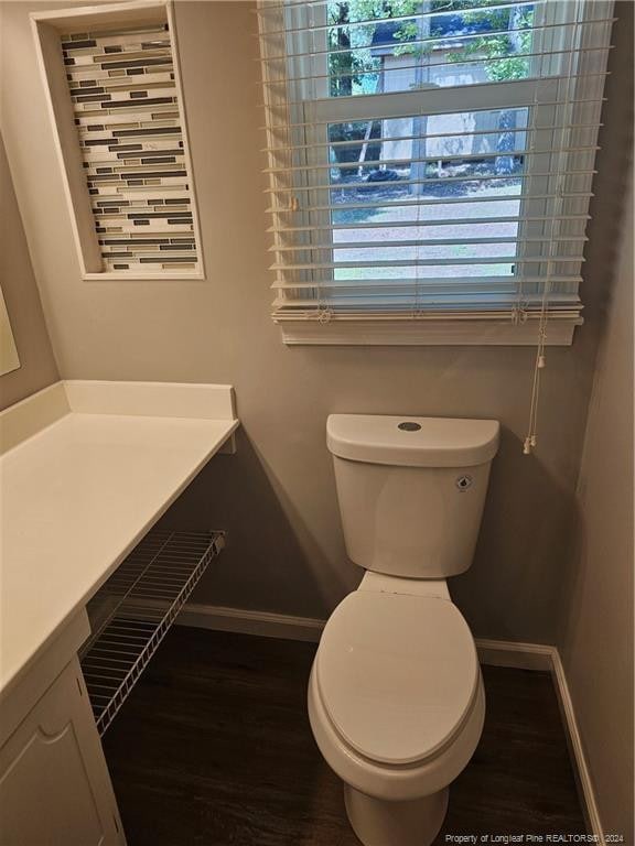 bathroom with toilet and hardwood / wood-style floors