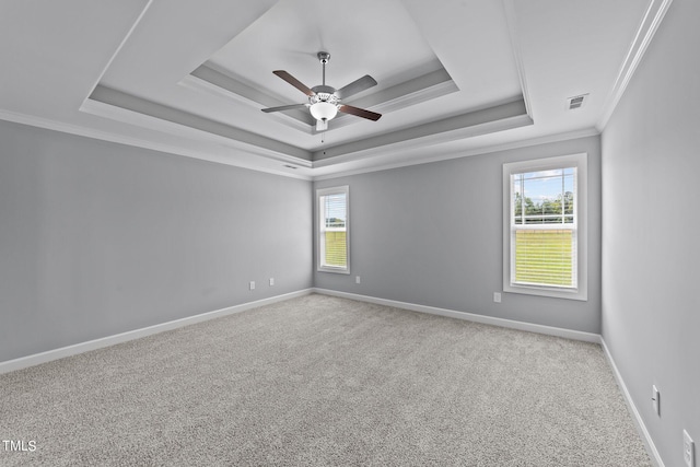 spare room featuring crown molding, a raised ceiling, plenty of natural light, and ceiling fan