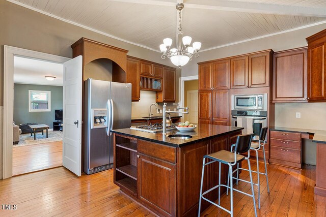 kitchen featuring a kitchen island with sink, pendant lighting, light wood-type flooring, and appliances with stainless steel finishes