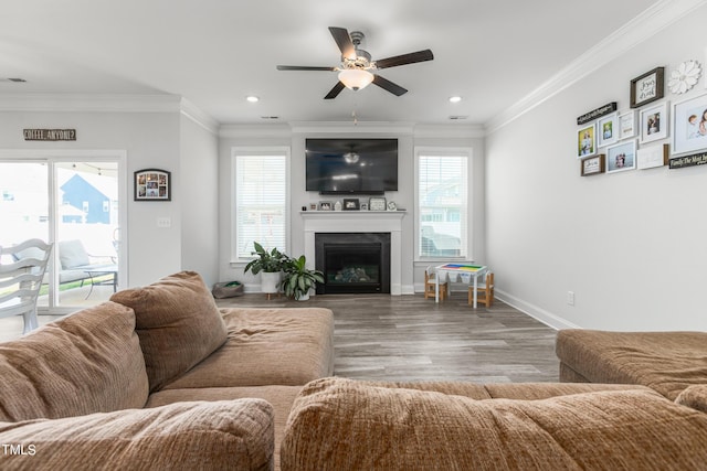 living room with ornamental molding, a glass covered fireplace, baseboards, and wood finished floors