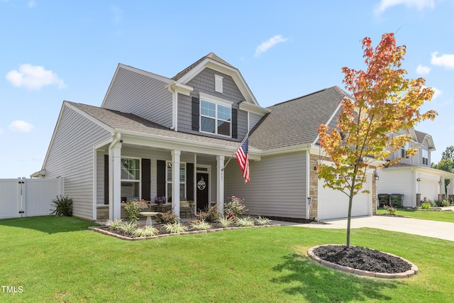 view of front of home with a front yard, a gate, driveway, and an attached garage