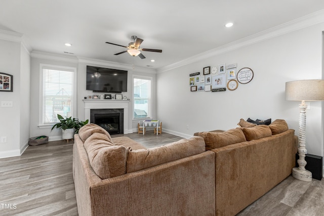 living room with a glass covered fireplace, crown molding, baseboards, and wood finished floors