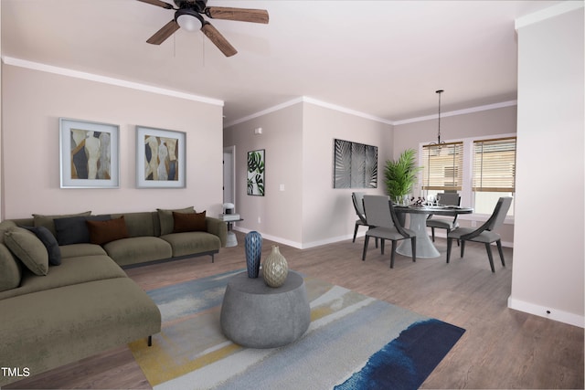 living room with ceiling fan, ornamental molding, and wood-type flooring