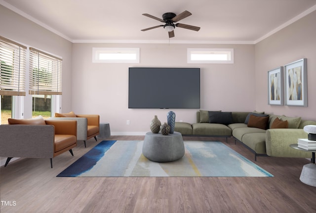 living room featuring hardwood / wood-style floors, ceiling fan, and crown molding