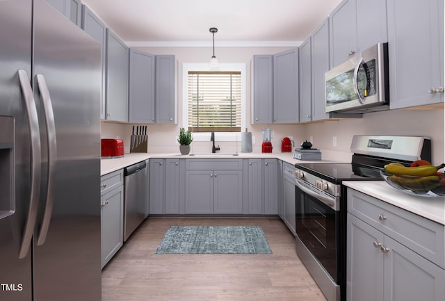 kitchen with gray cabinetry, pendant lighting, light hardwood / wood-style flooring, stainless steel appliances, and sink