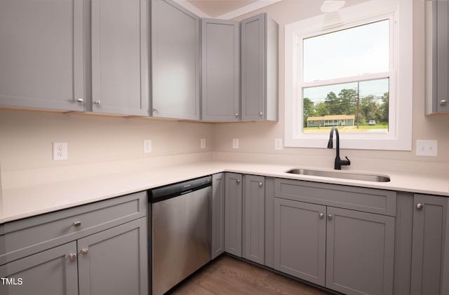 kitchen with gray cabinetry, dishwasher, dark hardwood / wood-style flooring, and sink