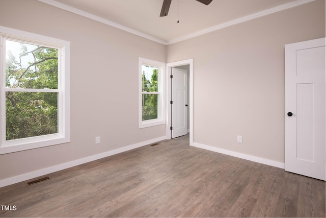 empty room featuring a wealth of natural light, wood-type flooring, and ceiling fan