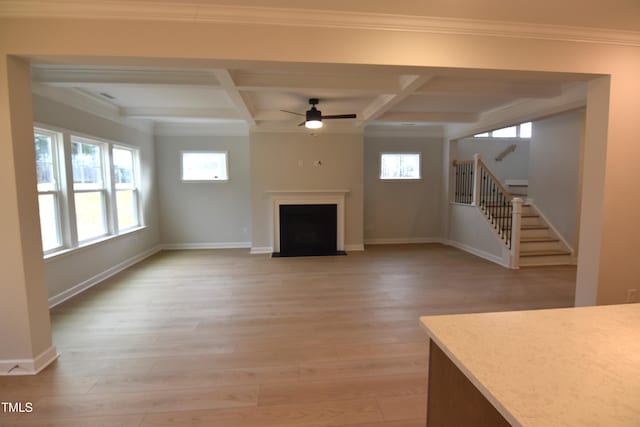 unfurnished living room featuring beam ceiling, light hardwood / wood-style floors, ceiling fan, and coffered ceiling