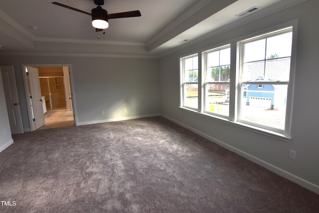 carpeted empty room featuring a raised ceiling, ceiling fan, and crown molding