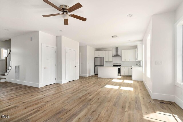 unfurnished living room with sink, ceiling fan, and light hardwood / wood-style floors