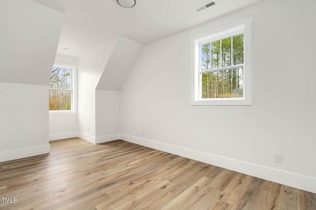 additional living space with light wood-type flooring, plenty of natural light, and vaulted ceiling