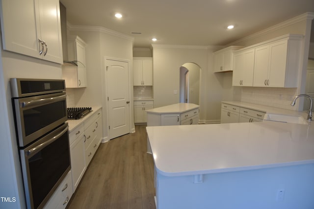 kitchen featuring dark wood finished floors, appliances with stainless steel finishes, white cabinetry, a sink, and a peninsula