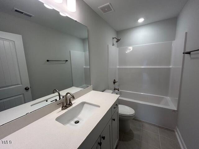 full bath featuring toilet, shower / bathtub combination, visible vents, and tile patterned floors