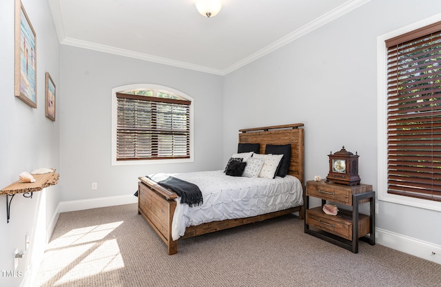 bedroom featuring crown molding and carpet flooring