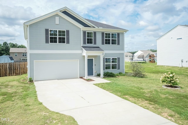 view of front facade featuring a garage and a front lawn