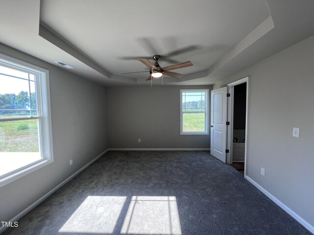 carpeted spare room with a tray ceiling, ceiling fan, and a healthy amount of sunlight