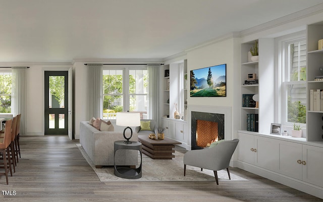 living room with built in shelves, hardwood / wood-style floors, plenty of natural light, and a high end fireplace