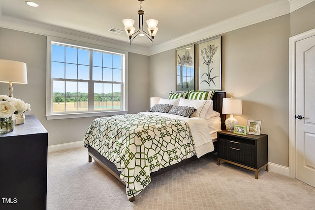 bedroom featuring a chandelier, light colored carpet, and ornamental molding