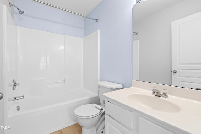 full bathroom featuring toilet, shower / tub combination, vanity, and tile patterned flooring