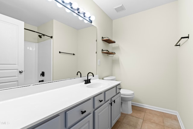 bathroom featuring vanity, a shower, toilet, and tile patterned floors