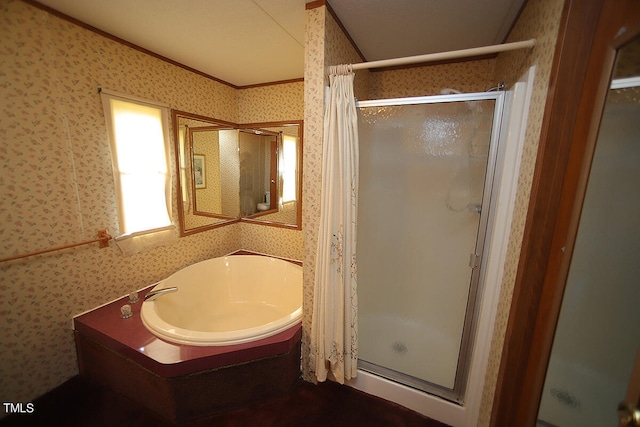 bathroom featuring separate shower and tub and crown molding