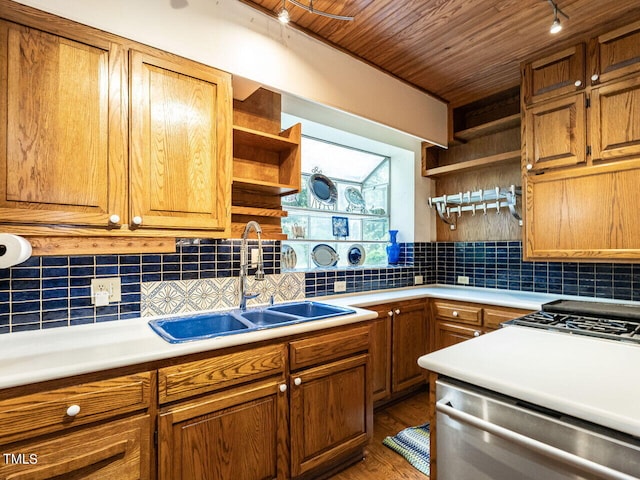 2501 Kenmore Dr, Raleigh, NC 27608 - kitchen featuring dishwasher, open shelves, decorative backsplash, and a sink
