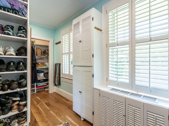 spacious closet with light hardwood / wood-style flooring