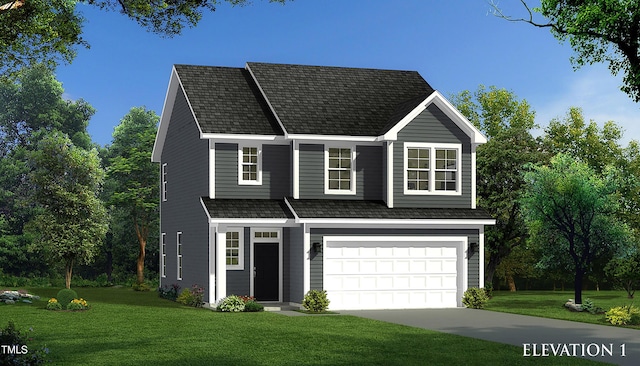 traditional-style home featuring a front yard, a garage, and driveway