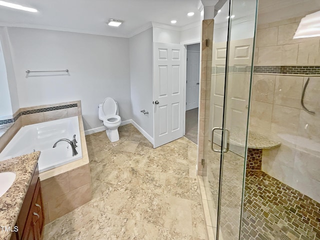 full bath with a shower stall, toilet, a garden tub, ornamental molding, and vanity