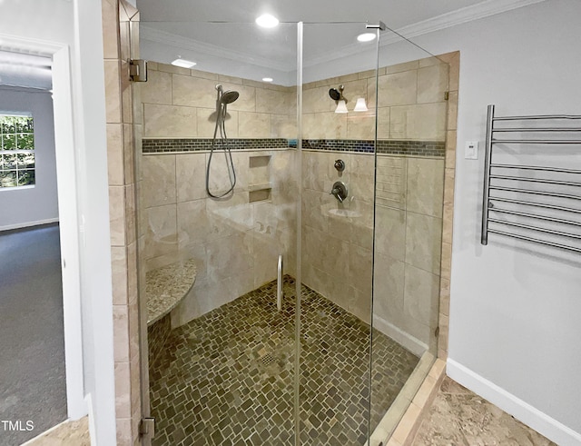 full bath featuring a stall shower, ornamental molding, recessed lighting, radiator, and baseboards