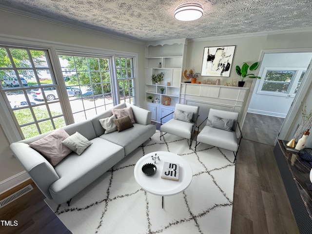 living room with a textured ceiling, crown molding, and dark hardwood / wood-style flooring