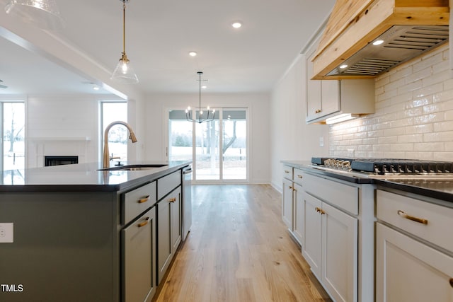 kitchen featuring tasteful backsplash, custom range hood, light wood-style flooring, stainless steel appliances, and a sink