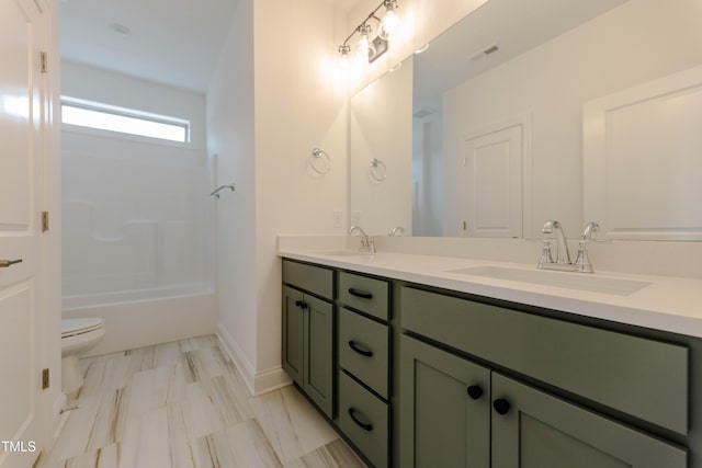 full bath featuring a sink, visible vents, toilet, and double vanity