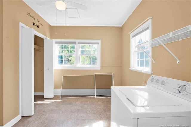 clothes washing area featuring ceiling fan and washer / clothes dryer