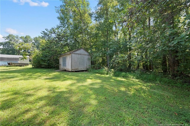 view of yard featuring a storage unit