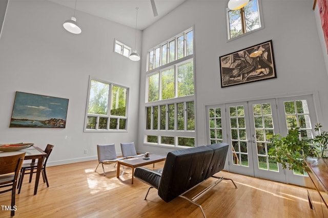 living room featuring a healthy amount of sunlight, light hardwood / wood-style flooring, and a high ceiling