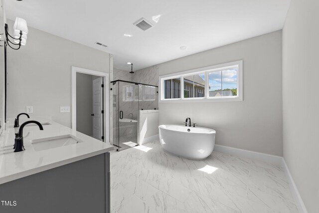 bathroom featuring independent shower and bath and vanity