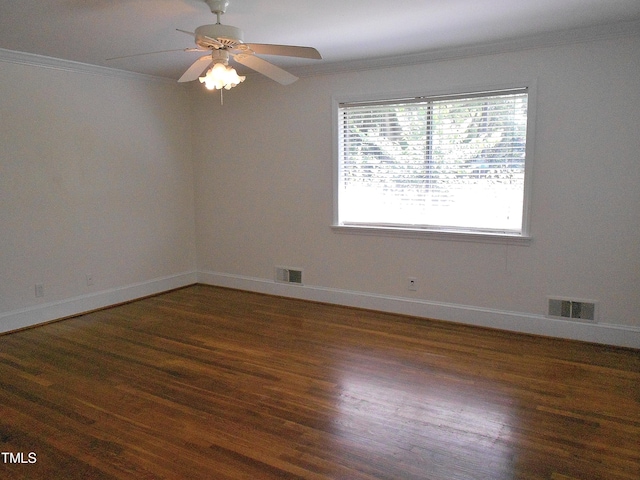 unfurnished room with ornamental molding, ceiling fan, and dark hardwood / wood-style floors