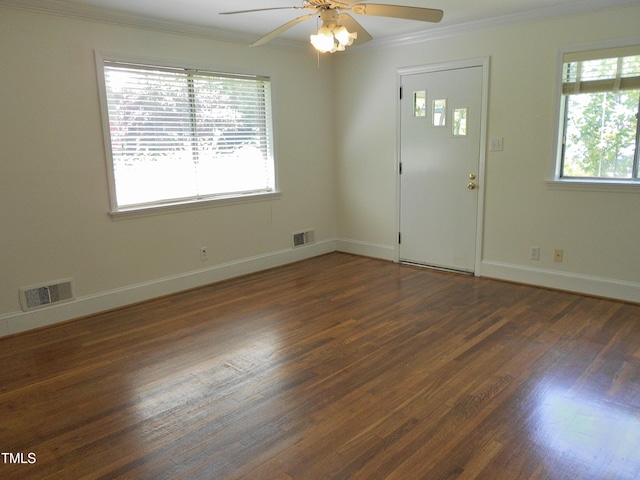 interior space featuring crown molding, ceiling fan, and dark hardwood / wood-style floors