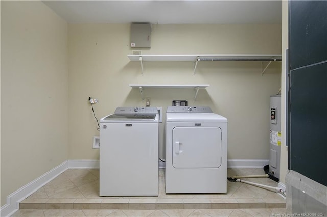 clothes washing area featuring washing machine and clothes dryer and electric water heater