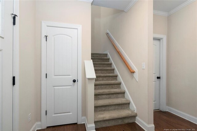 stairway featuring hardwood / wood-style floors and crown molding